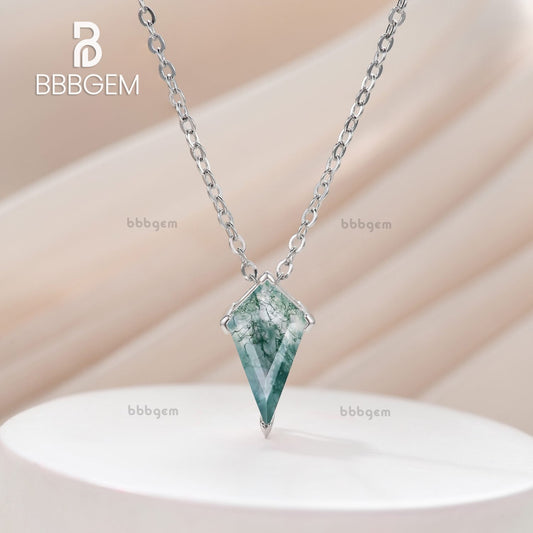 3ct Kite Shape Moss Agate Solitaire Pendant Necklace 14K Solid Gold Neutral Jewelry