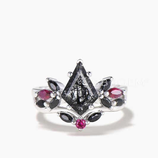Kite Cut Natural Black Rutilated Quartz Wedding Ring Spinel Ruby Split Shank Ring