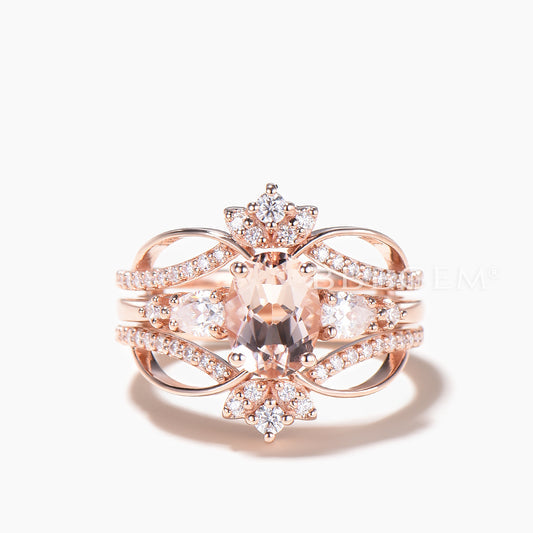 1.5CT Oval Cut Natural Morganite Wedding Bridal Set Moissanite Enhancer Band