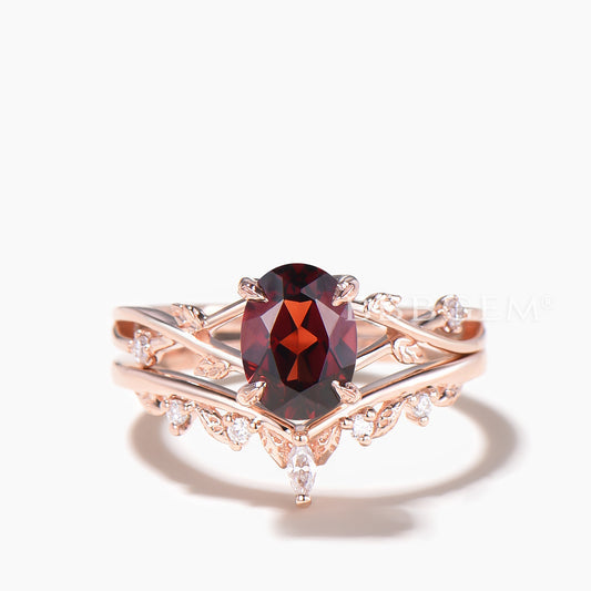 1.5CT Oval Cut Natural Garnet Engagement Ring Diamond Split Shank Bridal Set