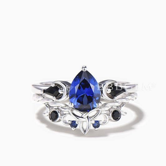 1.25CT Pear Cut Sapphire Engagement Ring Spinel Celtic Knot Celestial Bridal Set