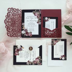 Blooms Around Every Turn-Burgundy Laser Cut Pocket Fold Invitation With Victorian Inspired Floral Swws180