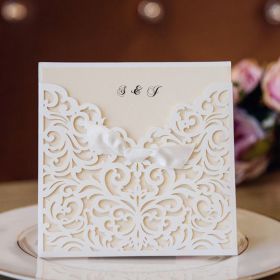 White Laser Cut Pocket Ribbon Bow Invites With Matching Enclosure Cards Swws228