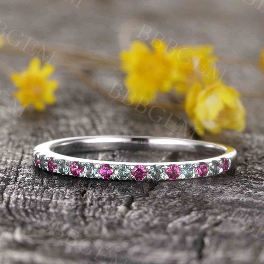 14K/18K Gold Alexandrite And Ruby Eternity Wedding Band