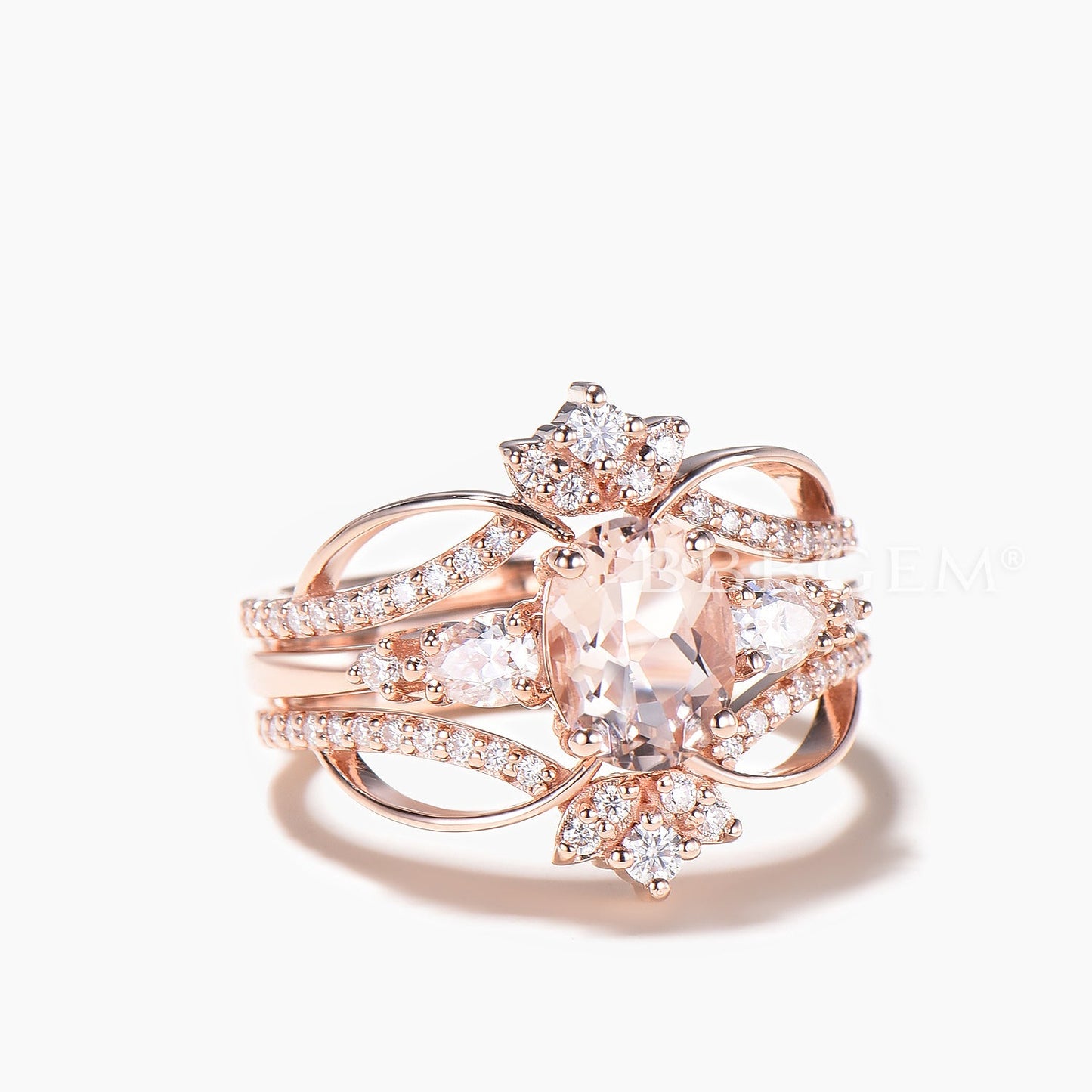 1.5CT Oval Cut Natural Morganite Wedding Bridal Set Moissanite Enhancer Band