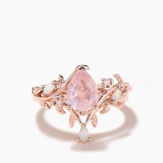 1.25CT Pear Cut Rose Quartz Engagement Ring Opal Nature Inspired Bridal Set