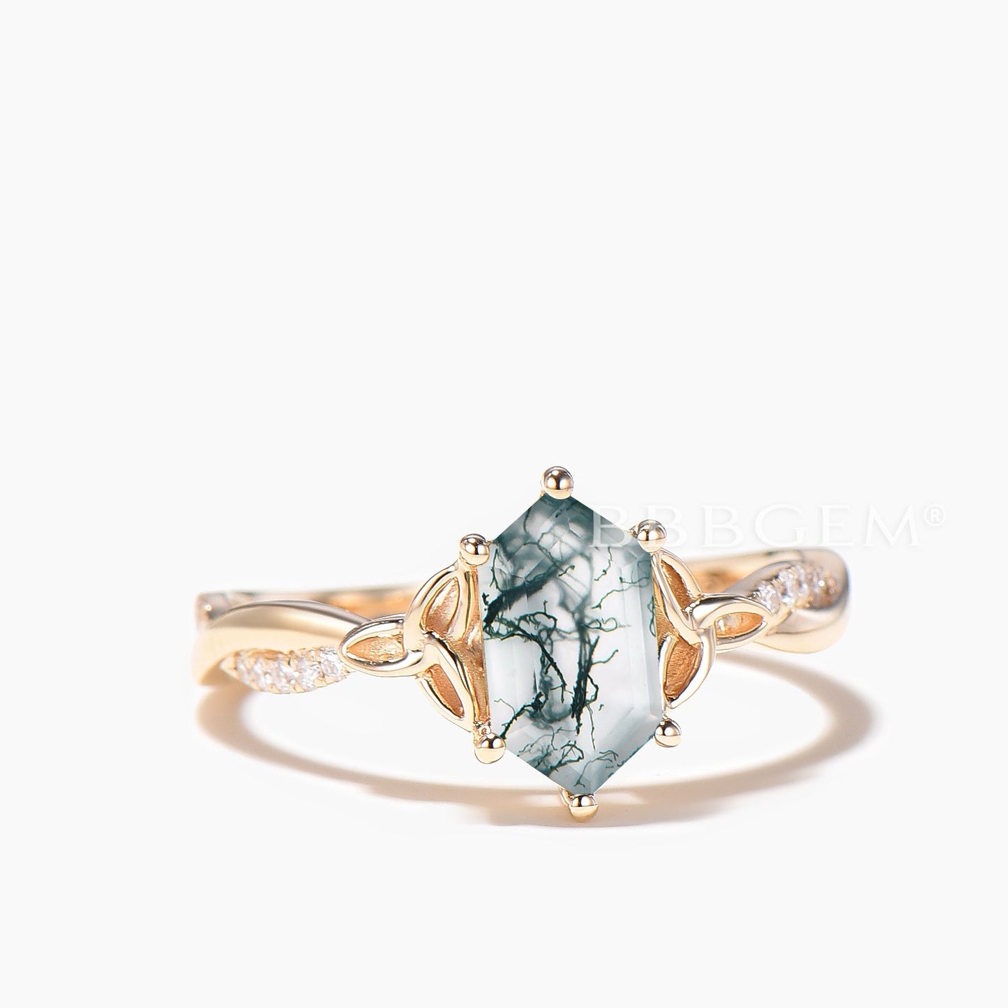 Hexagon Cut Natural Moss Agate Celtic Knot Wedding Ring Diamond Twisted Ring