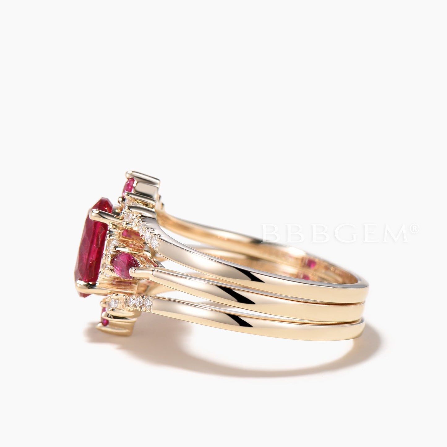 3pcs Ring Set 1.5CT Oval Cut Ruby Engagement Ring Diamond Curved Wedding Band