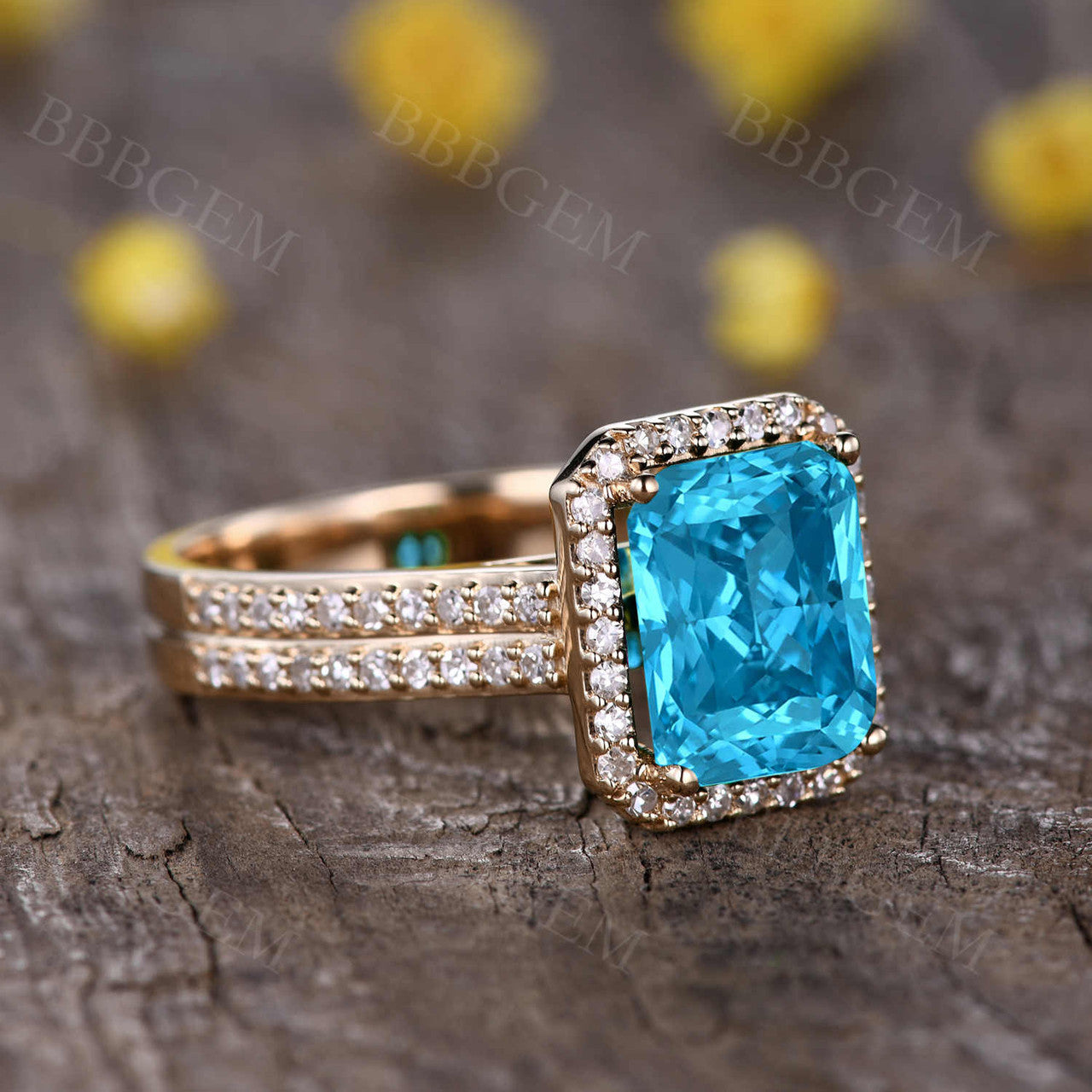 4 Carat Diamond Halo Swiss Blue Topaz Ring 8x10mm Emerald Cut 4mm Diamond Wedding Band Yellow Gold