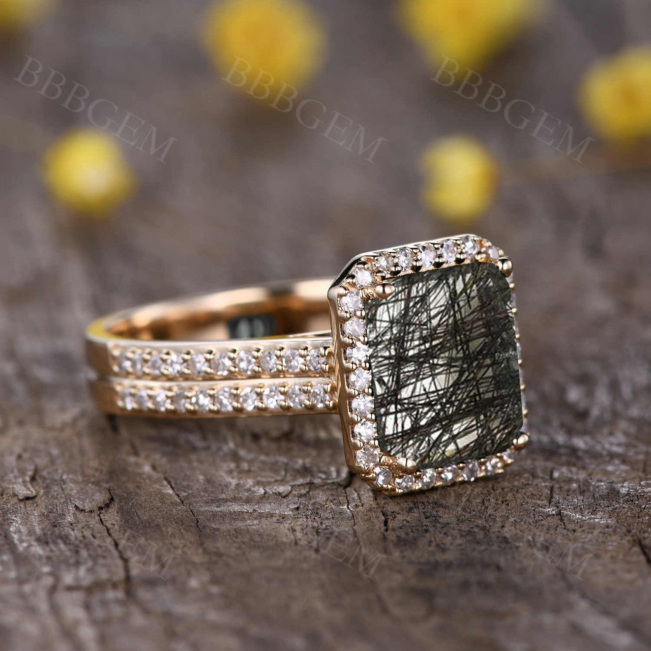 Diamond Halo Natural Black Rutilated Quartz Engagement Ring 8X10mm Emerald Cut Rose Gold