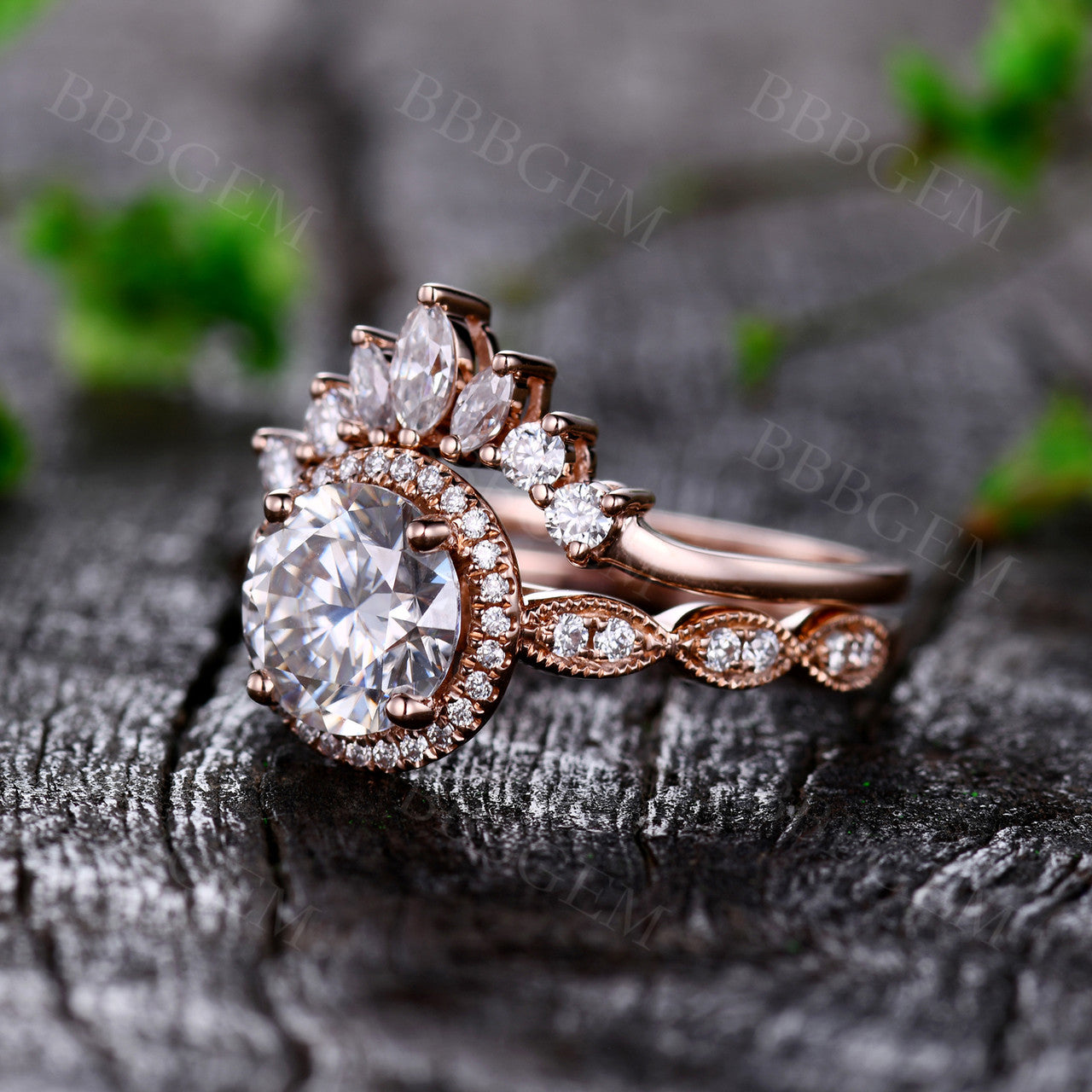 1.25 Carat Art Deco Round Cut Moissanite Engagement Ring Moissanite Wedding Band Rose Gold