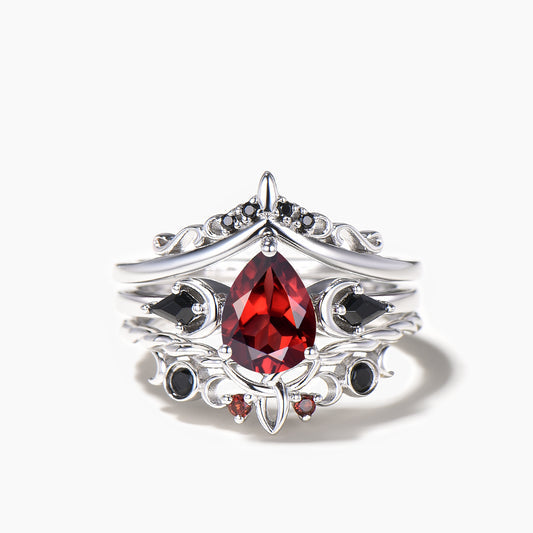 3pcs Pear Cut Garnet Moon Engagement Ring Black Spinel Celtic Knot Bridal Set