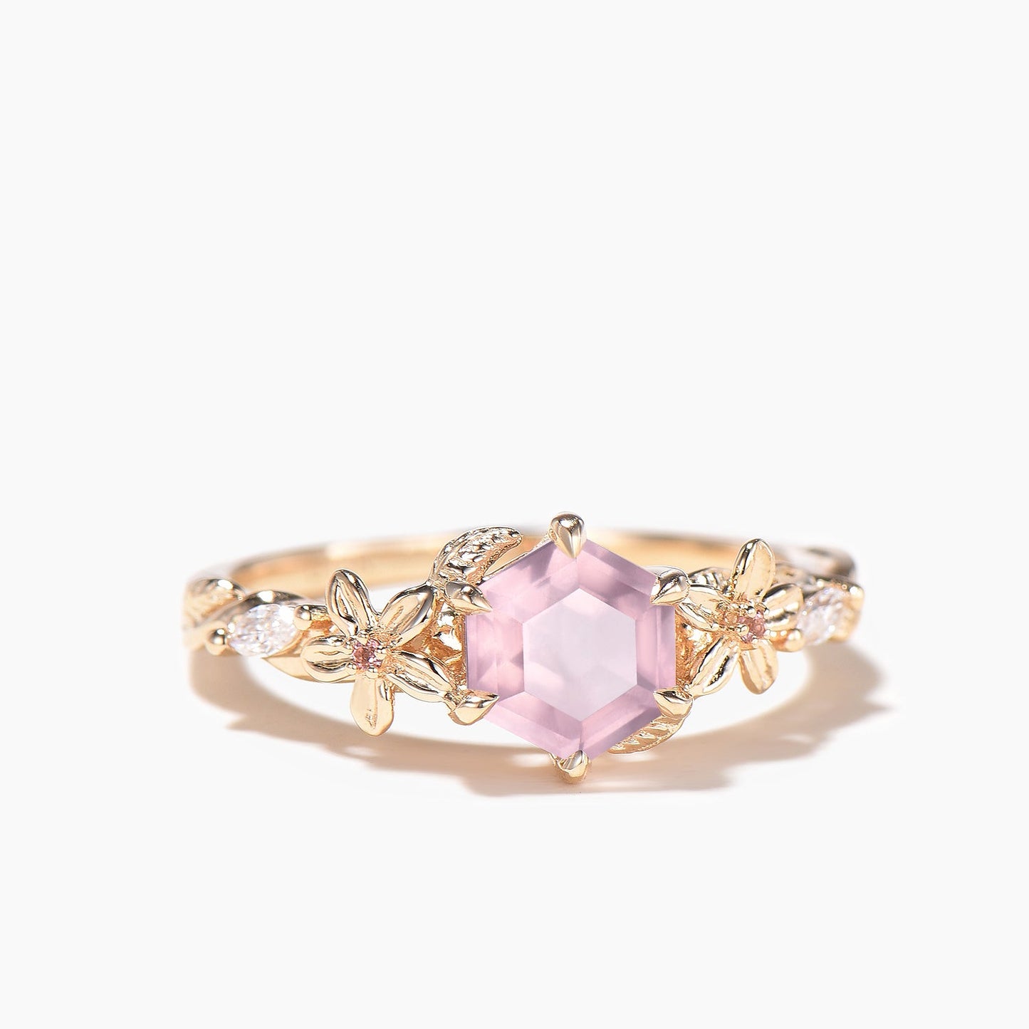 1ct Hexagon Cut Natural Rose Quartz Diamond Flower Nature Inspired Engagement Ring
