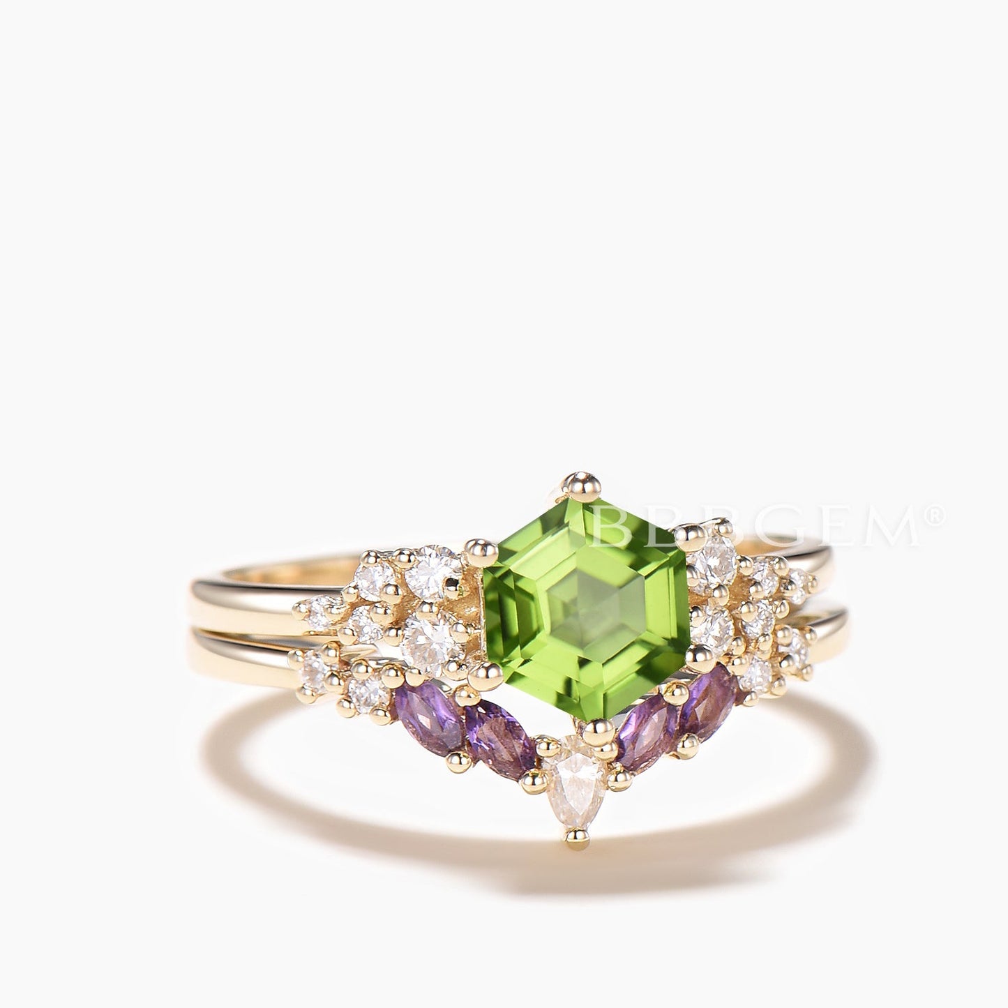 Hexagon Cut Natural Peridot Engagement Ring Moissanite Amethyst Bridal Set