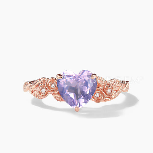 Heart Cut Lavender Amethyst Twisted Vine Flower Engagement Ring