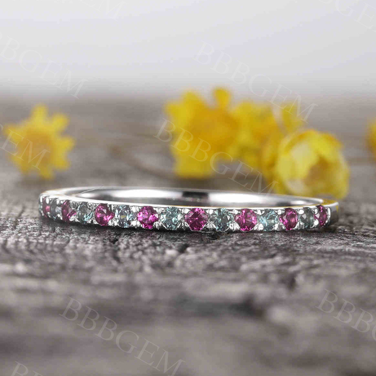 14K/18K Gold Alexandrite And Ruby Eternity Wedding Band