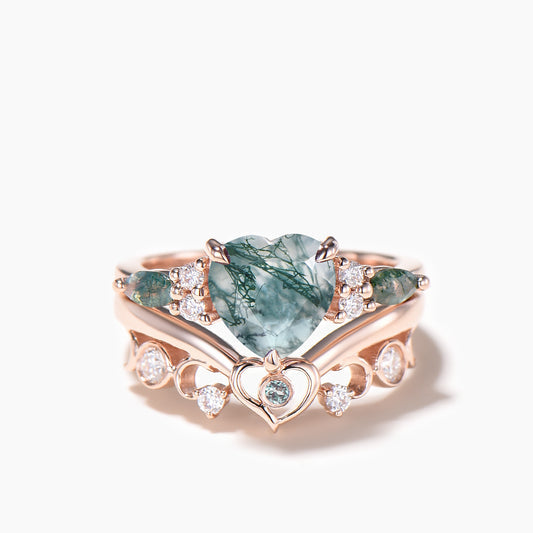 Heart Cut Natural Moss Agate Cluster Engagement Ring Diamond Bridal Set