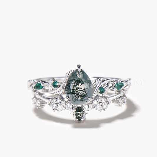 1.25CT Pear Cut Moss Agate Engagement Ring Moissanite Nature Inspired Bridal Set