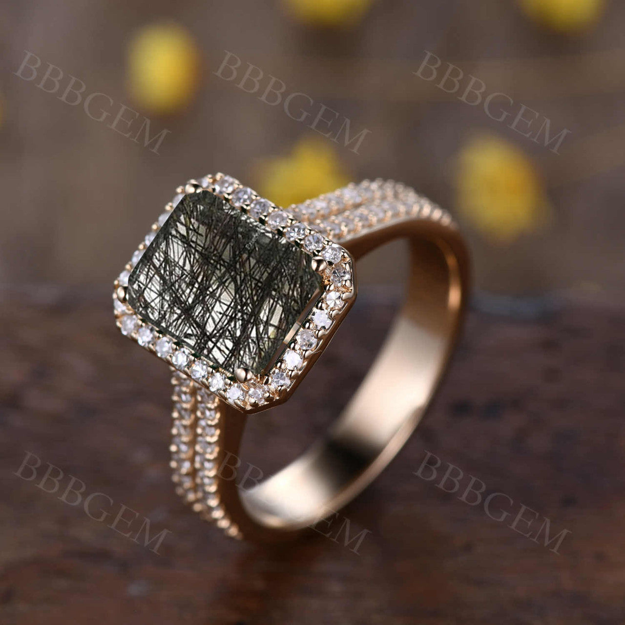 Diamond Halo Natural Black Rutilated Quartz Engagement Ring 8X10mm Emerald Cut Rose Gold