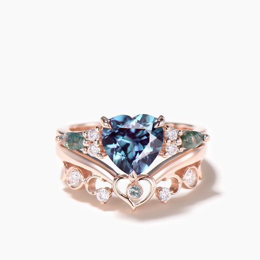 Heart Cut Color-change Alexandrite Bridal Set Moss Agate Diamond Cluster Ring