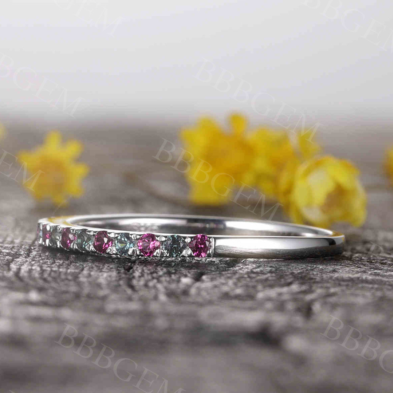 14K/18K Gold Alexandrite And Ruby Eternity Wedding Band