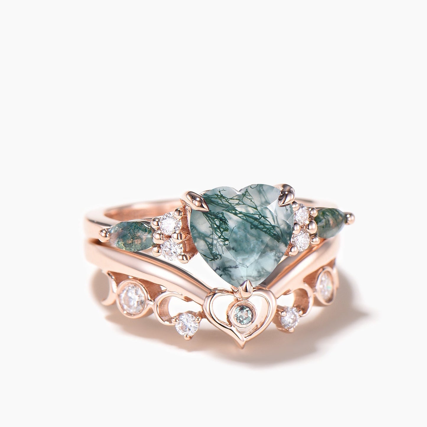 Heart Cut Natural Moss Agate Cluster Engagement Ring Diamond Bridal Set