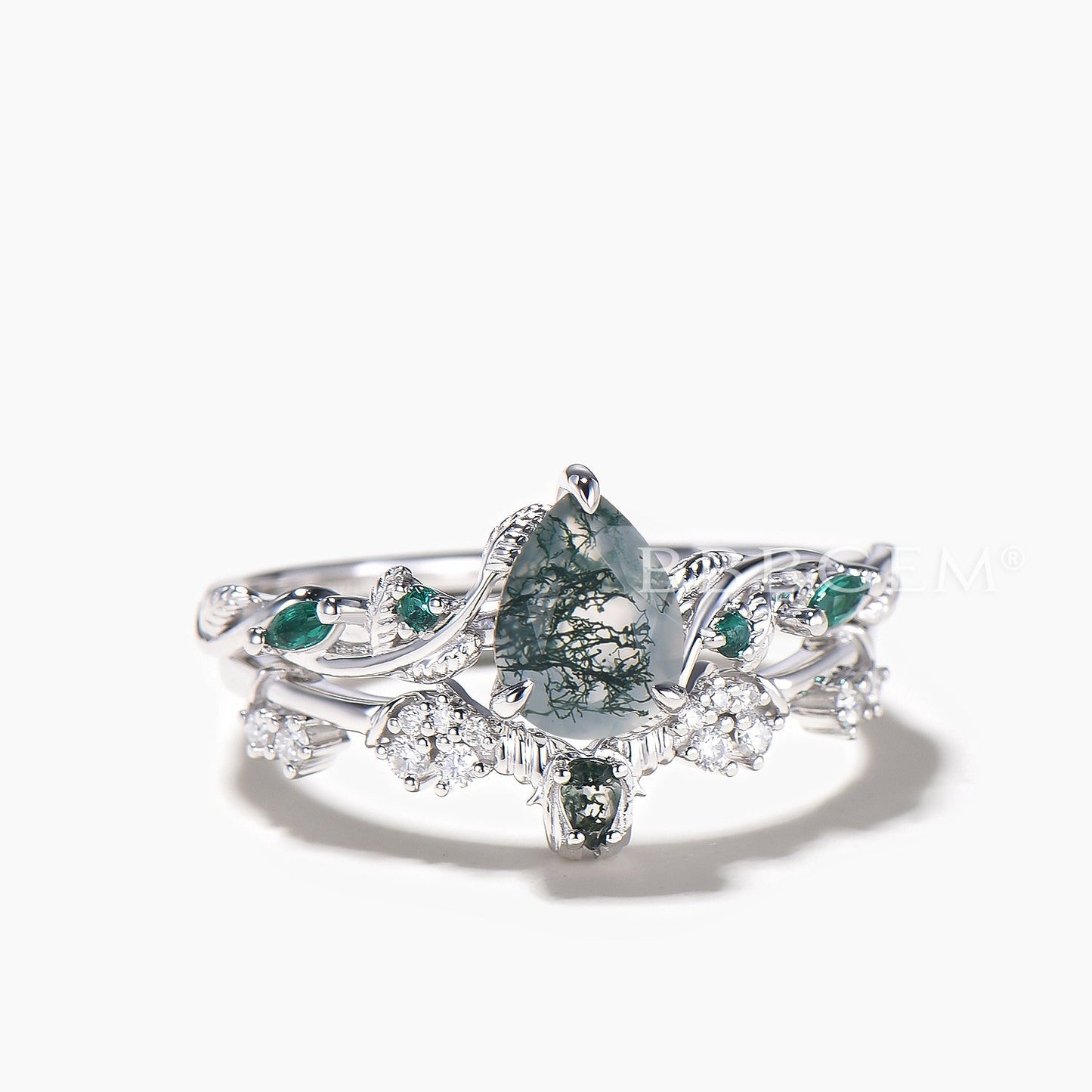 1.25CT Pear Cut Moss Agate Engagement Ring Moissanite Nature Inspired Bridal Set