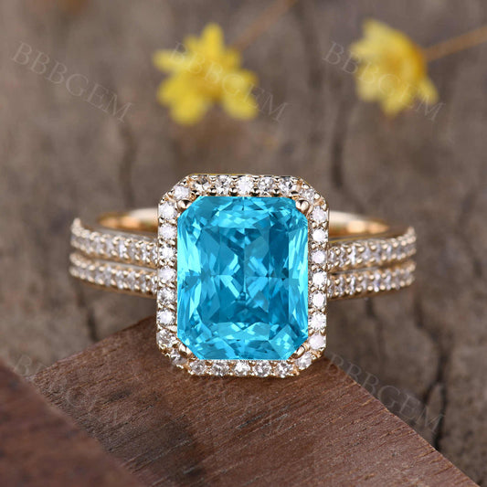 4 Carat Diamond Halo Swiss Blue Topaz Ring 8x10mm Emerald Cut 4mm Diamond Wedding Band Yellow Gold