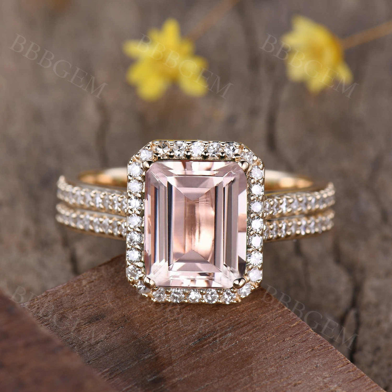4 Carat Yellow Gold Natural Morganite Diamond Halo Engagement Ring 8x10mm Emerald Cut
