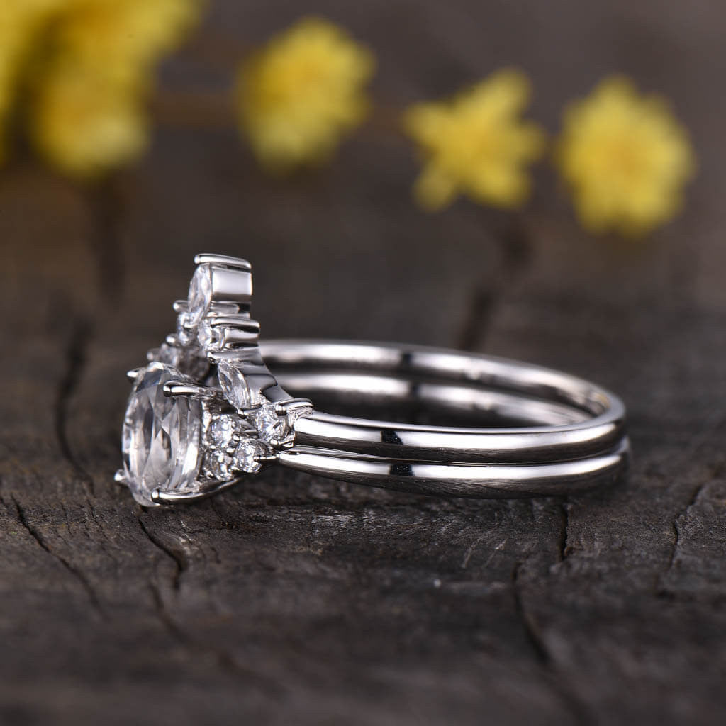 1 Carat Rainbow Moonstone Engagement Ring Set Cluster Dimaond/Moissanite Curve Band Art Deco 2pcs