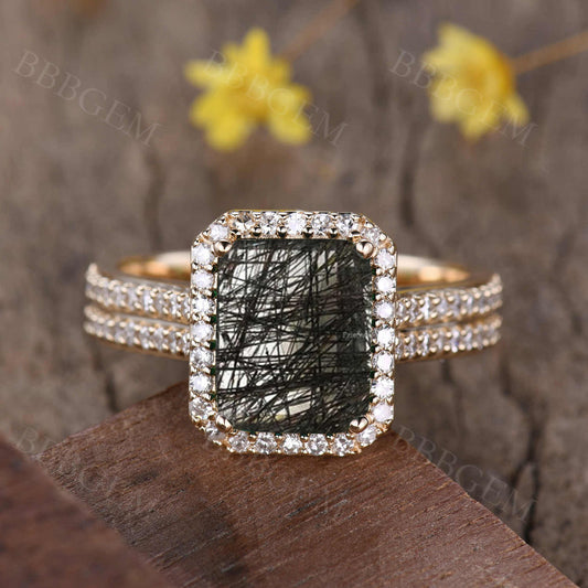Diamond Halo Natural Black Rutilated Quartz Engagement Ring 8X10mm Emerald Cut Rose Gold