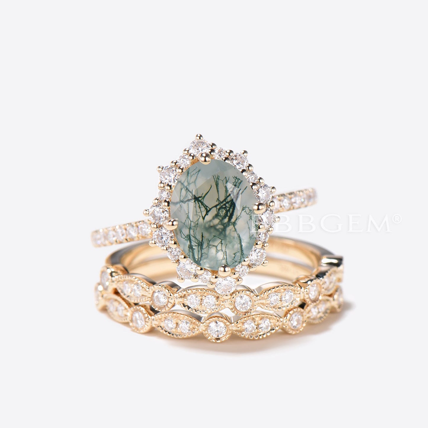 3pcs Oval Cut Natural Moss Agate Diamond Half Eternity Bridal Set Halo Engagement Ring