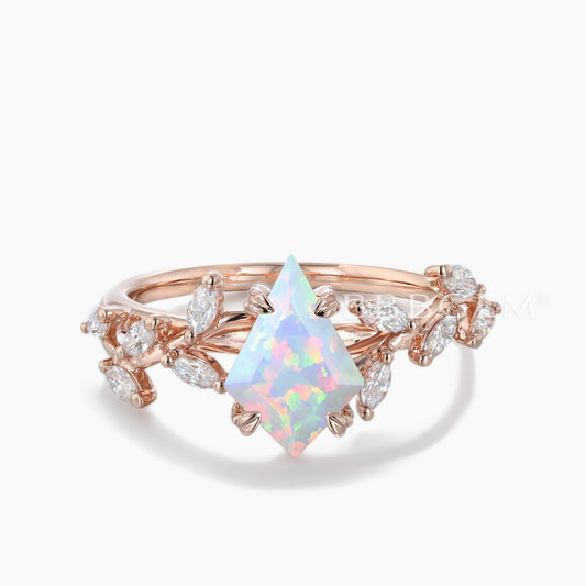 Kite Cut White Opal Engagement Ring Cluster Leaf Vine Bridal Bypass Ring