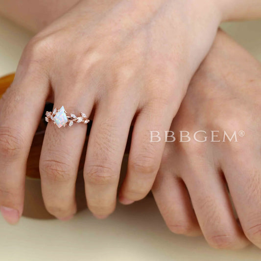 Kite Cut White Opal Engagement Ring Cluster Leaf Vine Bridal Bypass Ring