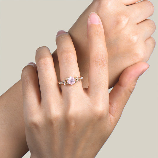 1ct Hexagon Cut Natural Rose Quartz Diamond Flower Nature Inspired Engagement Ring