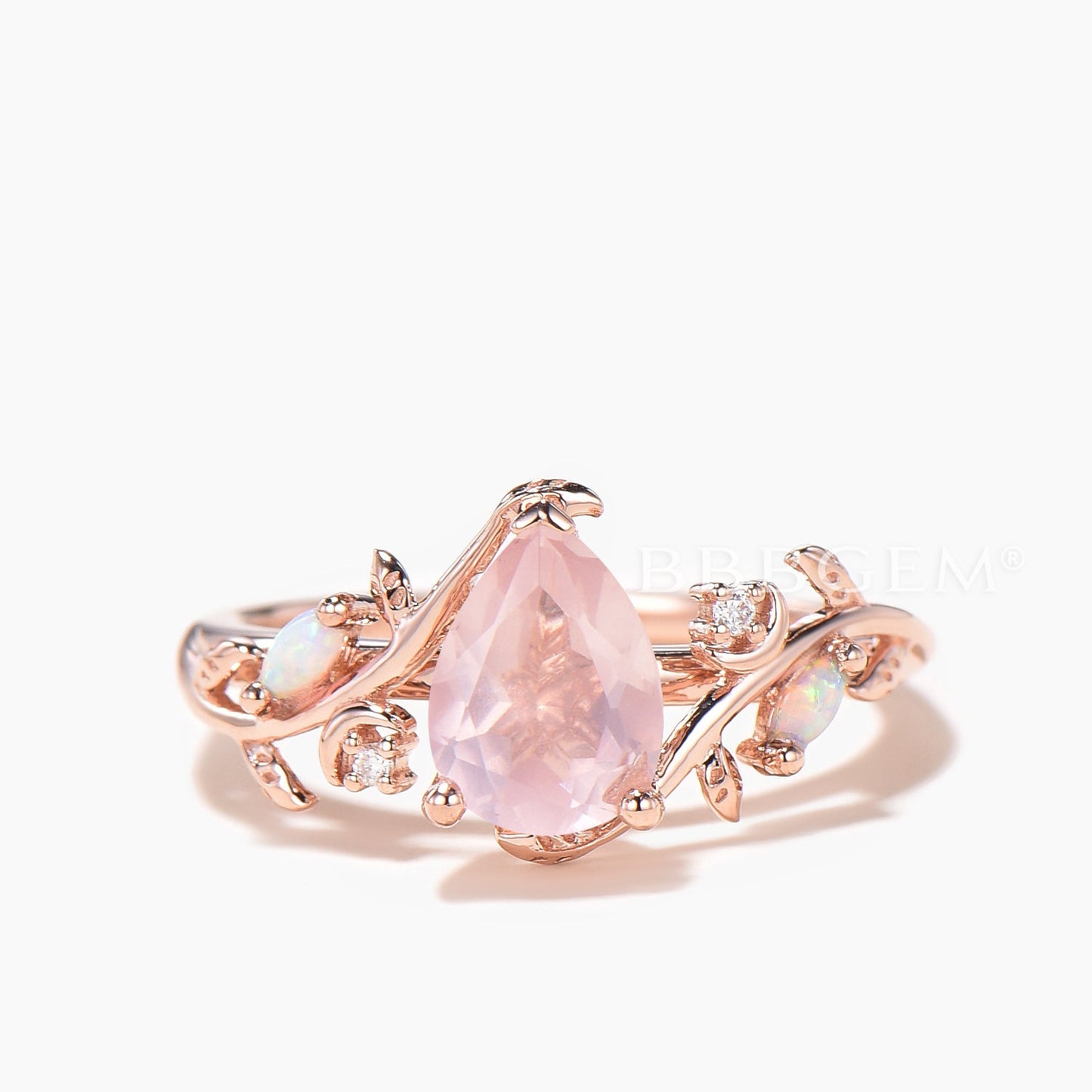 1.25CT Pear Cut Rose Quartz Engagement Ring Opal Nature Inspired Bridal Set