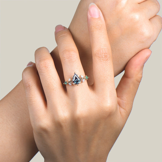 Kite Cut Color-change Alexandrite Bridal Ring Nature Inspired Opal Emerald Ring