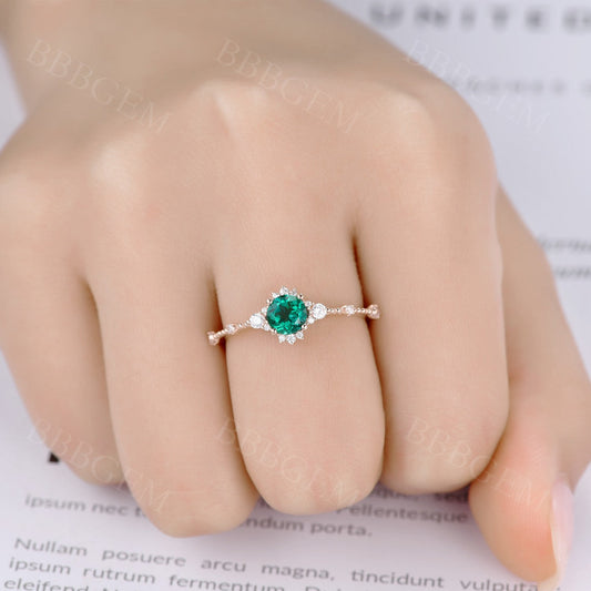 5mm Dainty Round Cut Emerald Engagement Ring Diamond Wedding Band Rose Gold