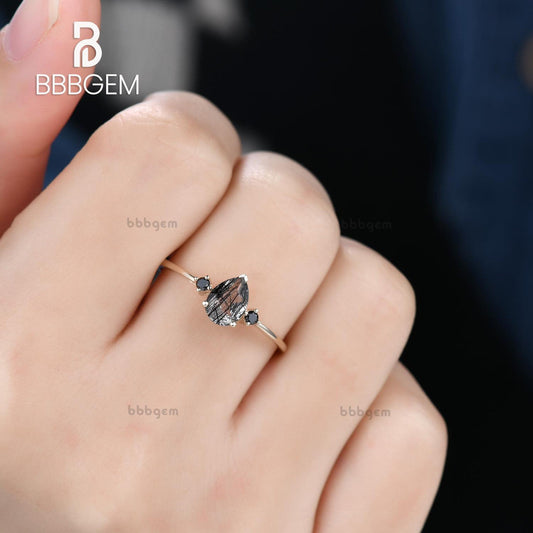 14K/18K Three Stone Black Rutilated Quartz Black Diamond Engagement Rings