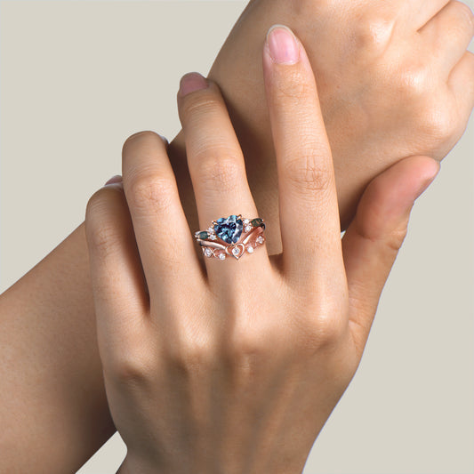 Heart Cut Color-change Alexandrite Bridal Set Moss Agate Diamond Cluster Ring