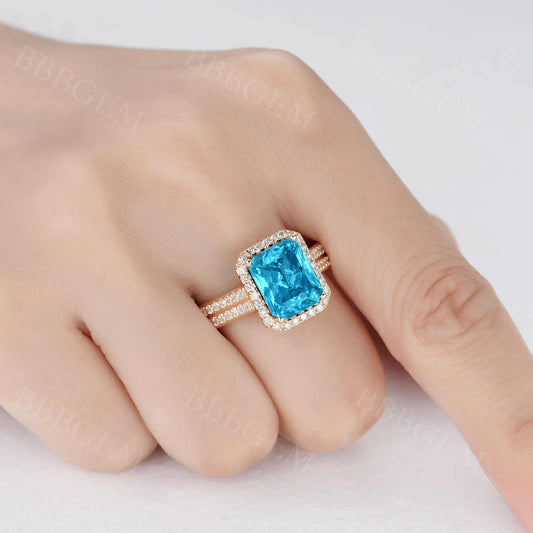 4 Carat Diamond Halo Swiss Blue Topaz Ring 8x10mm Emerald Cut 4mm Diamond Wedding Band Yellow Gold
