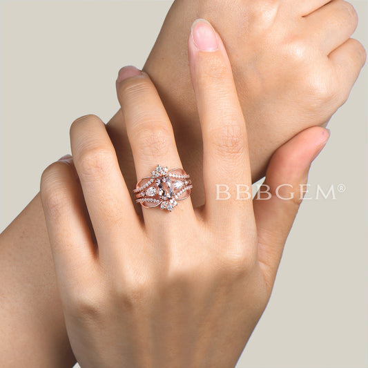 1.5CT Oval Cut Natural Morganite Wedding Bridal Set Moissanite Enhancer Band