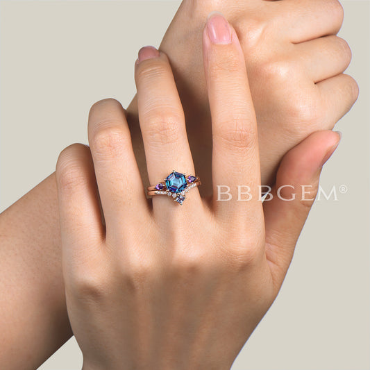 Hexagon Cut Color-change Alexandrite Bridal Set Amethyst Three Stone Ring