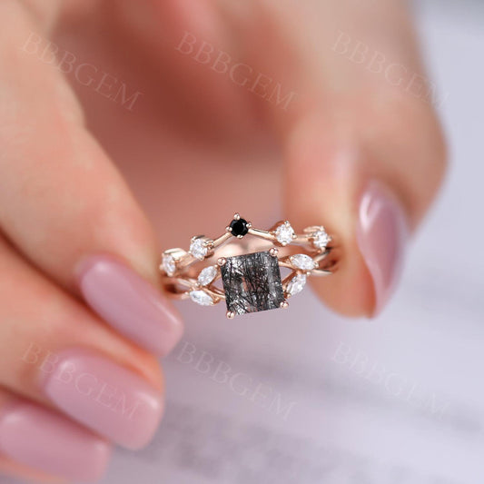 1 Carat Black Rutilated Quartz Wedding Ring Set Black Onyx Diamond Ring
