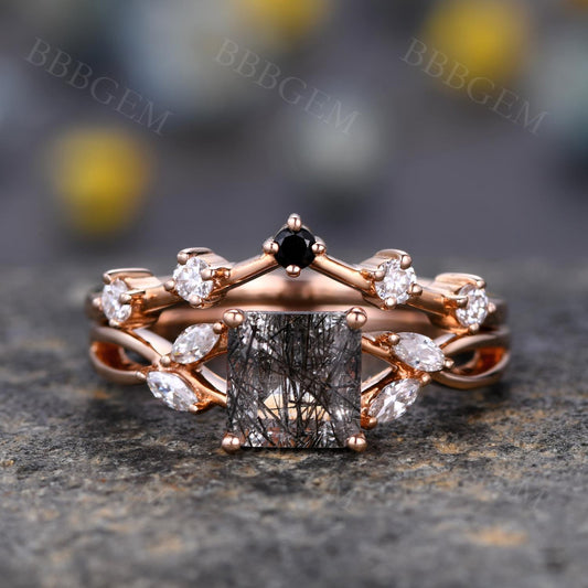 1 Carat Black Rutilated Quartz Wedding Ring Set Black Onyx Diamond Ring