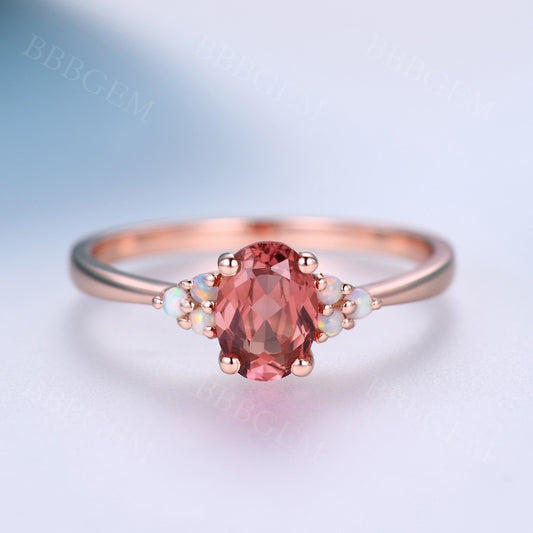 1 Carat Oval Cut Padparadscha Sapphires Engagement Ring Opal Accent Stone