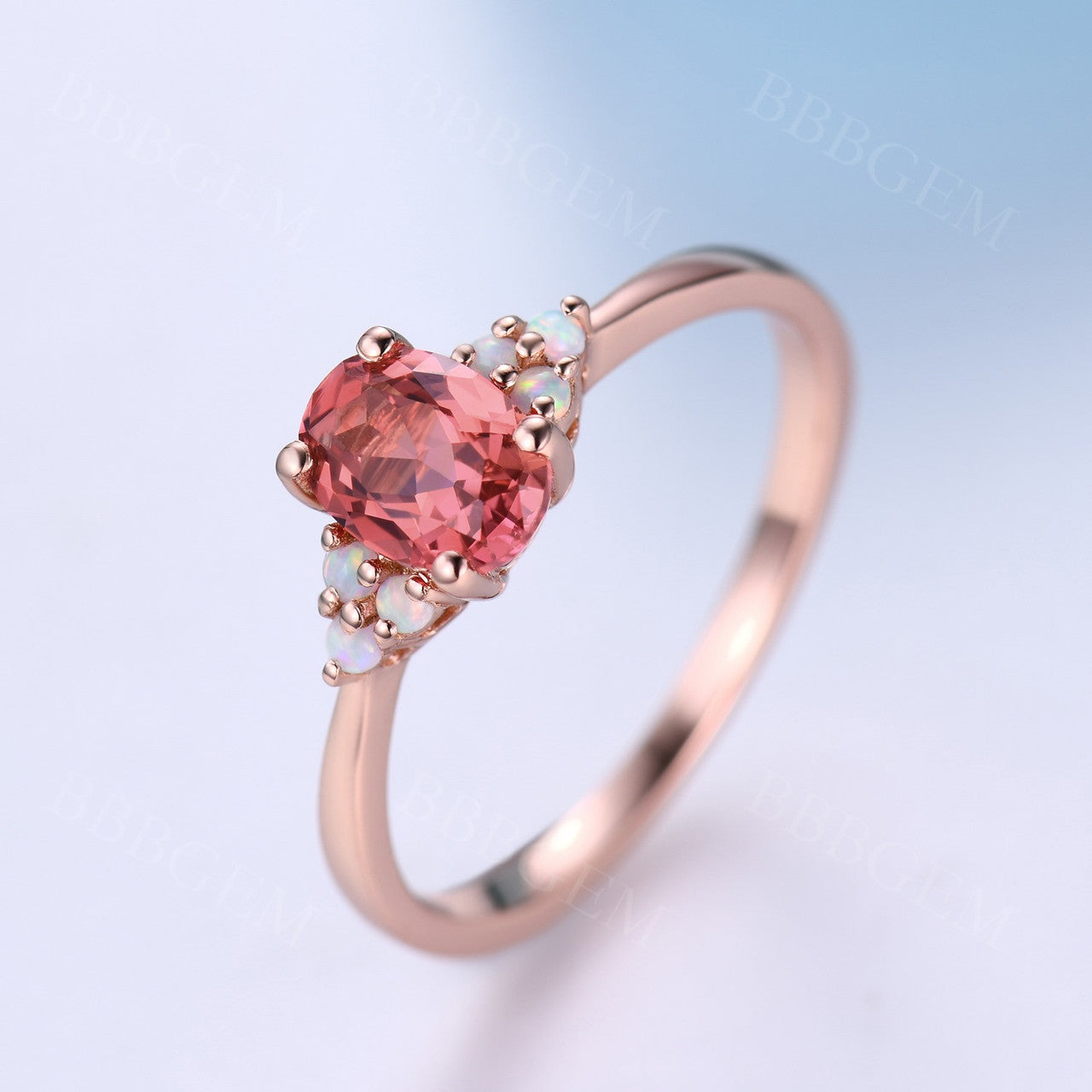 1 Carat Oval Cut Padparadscha Sapphires Engagement Ring Opal Accent Stone