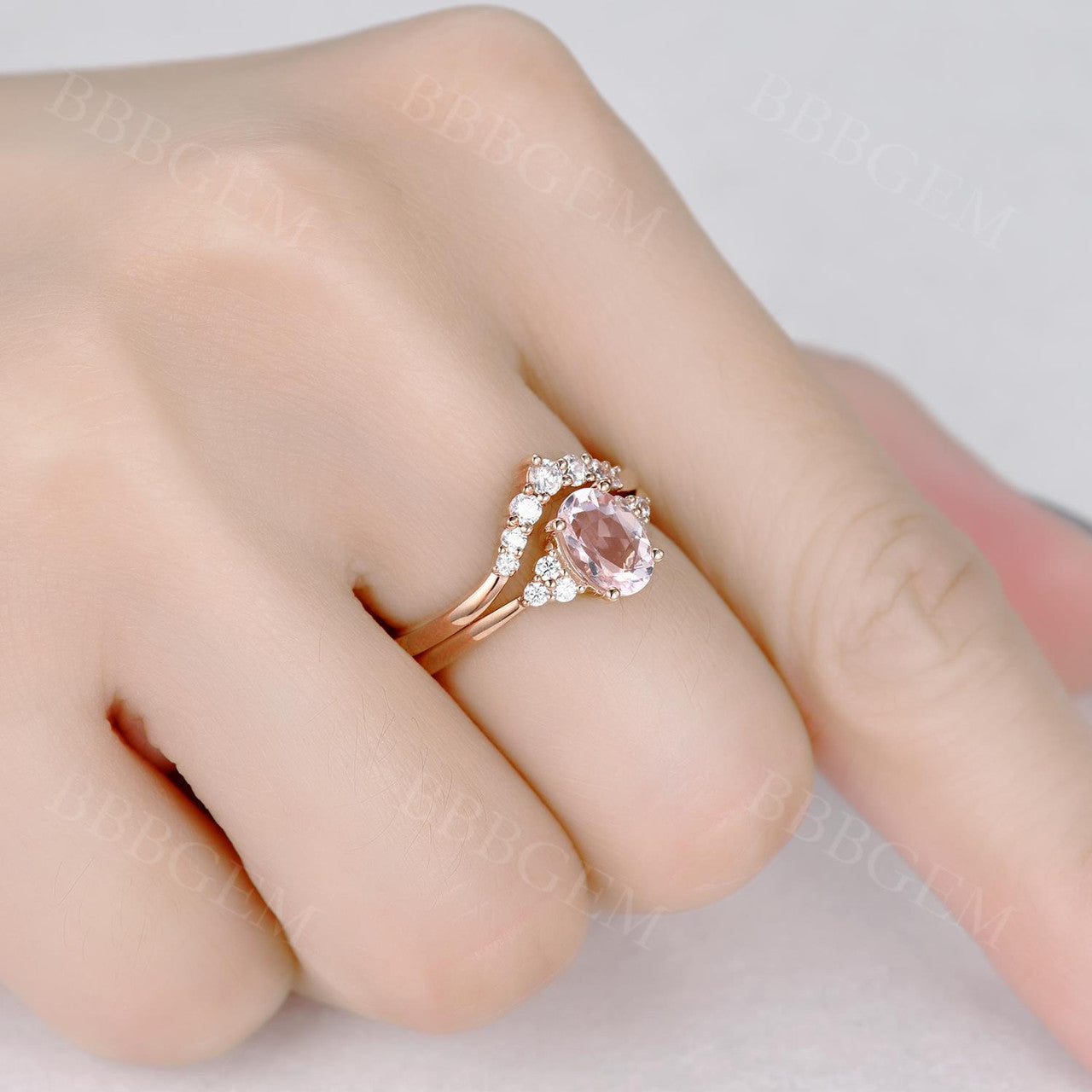 1 Carat Oval Shaped Morganite Bridal Set Curved Diamond Moissanite Wedding Ring