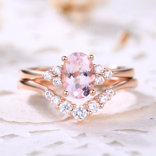 1 Carat Oval Shaped Morganite Bridal Set Curved Diamond Moissanite Wedding Ring