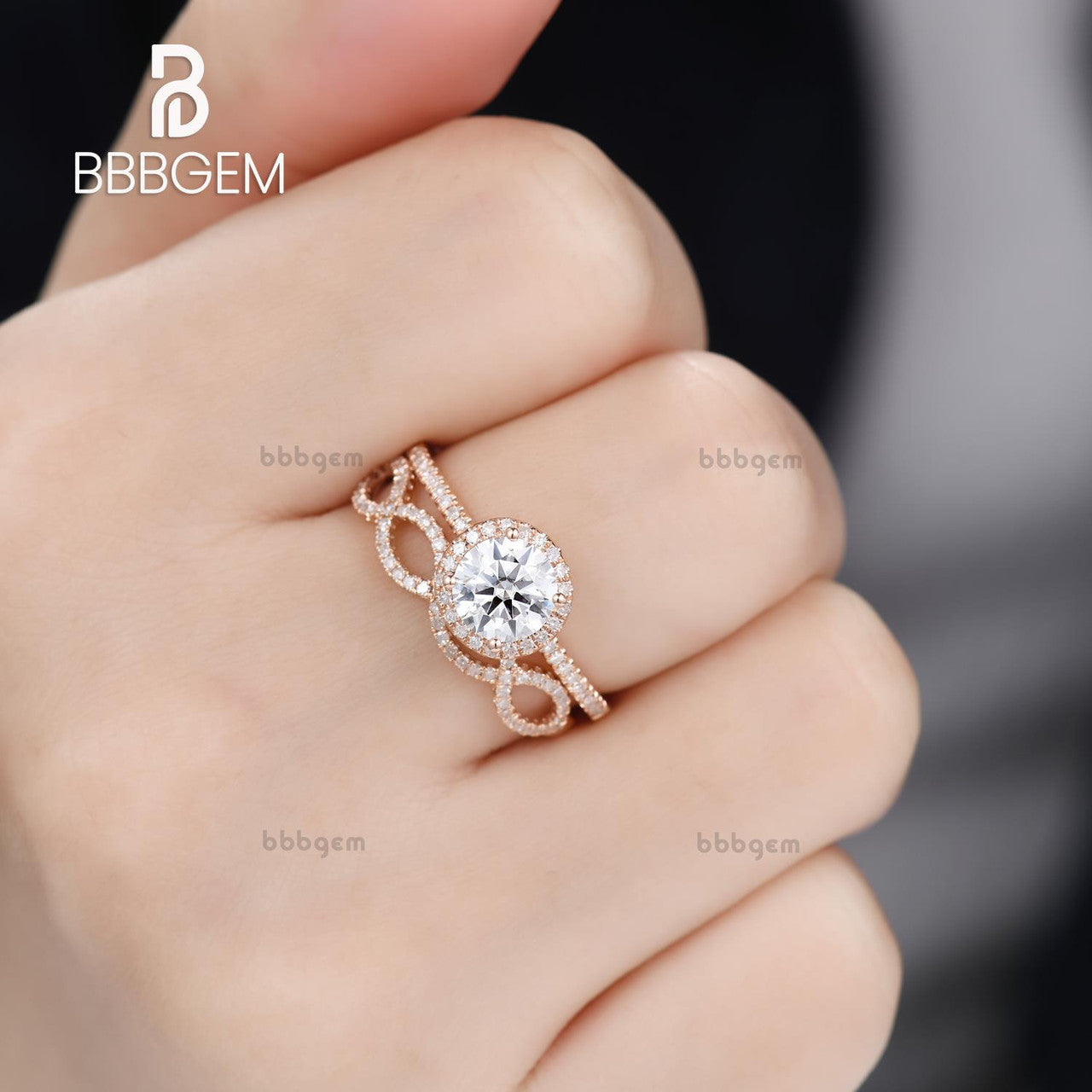 1 Carat Round Moissanite Wedding Sets 14k Rose Gold Diamond Bridal Ring Loop Infinity Stacking Matching Band